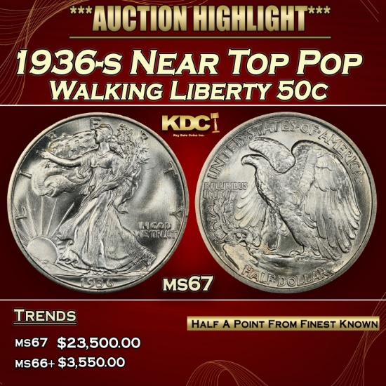 1936-s Walking Liberty Half Dollar Near Top Pop 50c ms67 SEGS