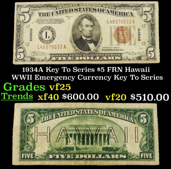 1934A $5 FRN Hawaii WWII Emergency Currency Key To Series Key To Series Grades vf+