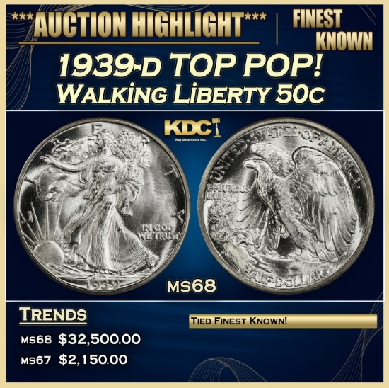 1939-d Walking Liberty Half Dollar TOP POP! 50c ms68 SEGS