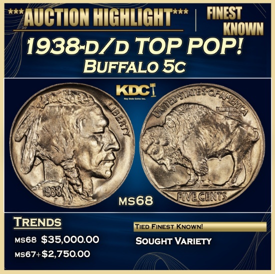 1938-d/d Buffalo Nickel TOP POP! 5c ms68 SEGS
