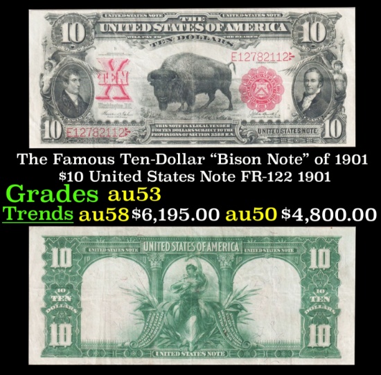 The $10 United States Note Famous Ten-Dollar "Bison Note" of 1901 FR-122 Grades Select AU 1901