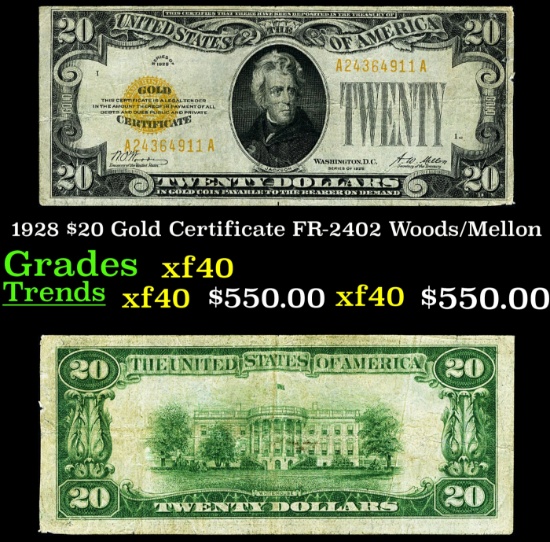1928 $20 Gold Certificate FR-2402 Woods/Mellon Grades xf