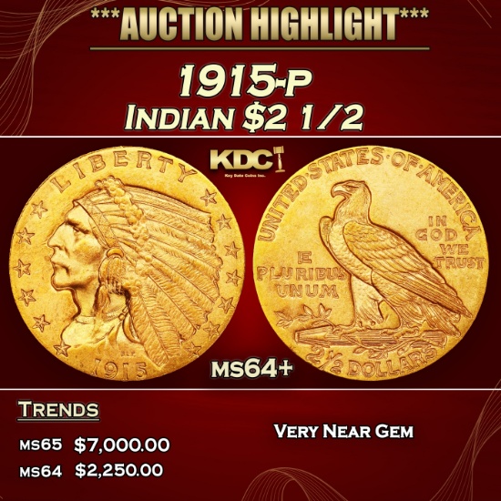 1915-p Gold Indian Quarter Eagle $2 1/2 ms64+ SEGS
