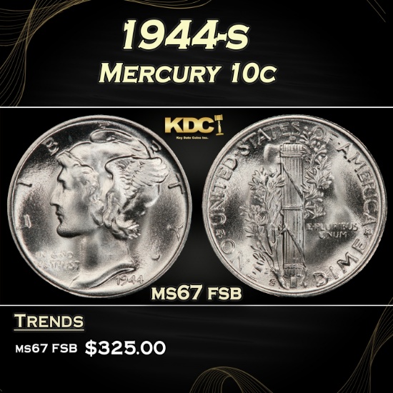 1944-s Mercury Dime 10c ms67 fsb SEGS