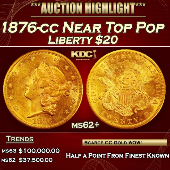 1876-cc Gold Liberty Double Eagle Near Top Pop $20 ms62+ SEGS