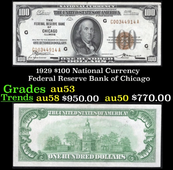 1929 $100 National Currency Federal Reserve Bank of Chicago Grades Select AU