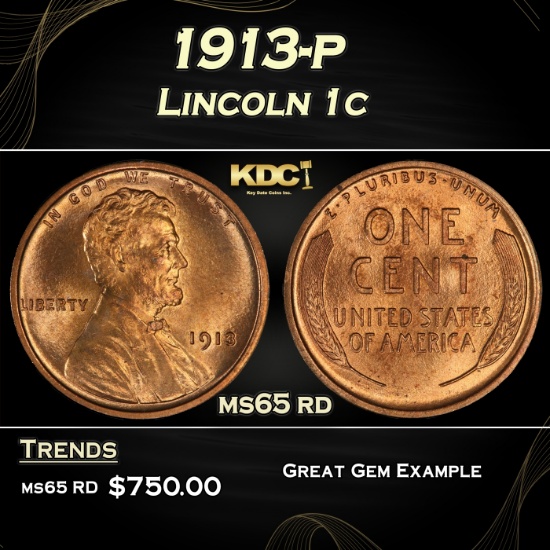 1913-p Lincoln Cent 1c Grades ms65 rd