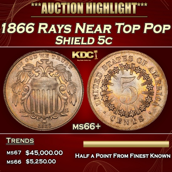 1866 Rays Shield Nickel Near Top Pop Toned 5c ms66+ SEGS