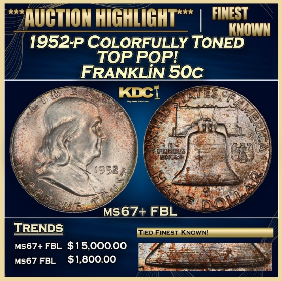 1952-p Franklin Half Dollar Colorfully Toned TOP POP! 50c ms67+ FBL SEGS