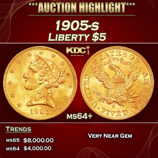 1905-s Gold Liberty Half Eagle $5 ms64+ SEGS