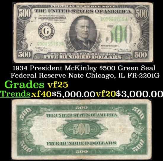 1934 $500 Green Seal Federal Reserve Note President McKinley Chicago, IL Grades vf+ FR-2201G
