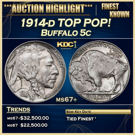 1914-d Buffalo Nickel TOP POP! 5c ms67+ SEGS