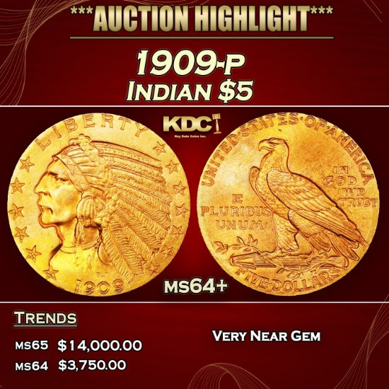 1909-p Gold Indian Half Eagle $5 ms64+ USCG