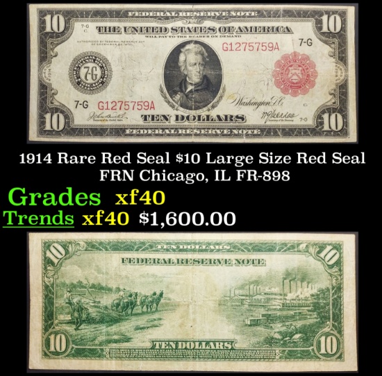 1914 $10 Large Size Red Seal FRN Rare Red Seal Chicago, IL Grades xf FR-898