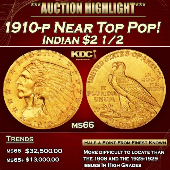 1910-p Gold Indian Quarter Eagle Near Top Pop! $2 1/2 ms66 USCG