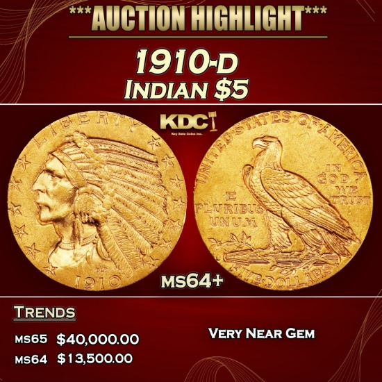 1910-d Gold Indian Half Eagle $5 ms64+ USCG