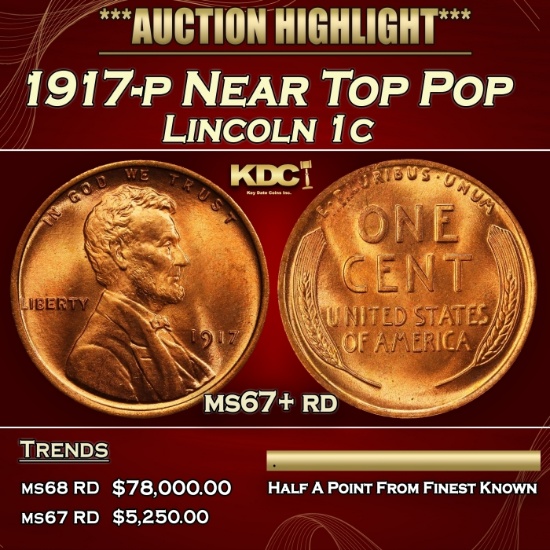 1917-p Lincoln Cent Near Top Pop 1c ms67+ rd SEGS