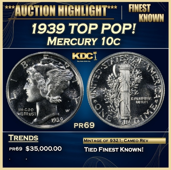 1939 Proof Mercury Dime TOP POP! 10c pr69 SEGS
