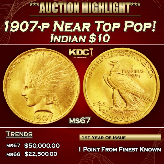 1907-p Gold Indian Eagle Near Top Pop! $10 ms67 SEGS