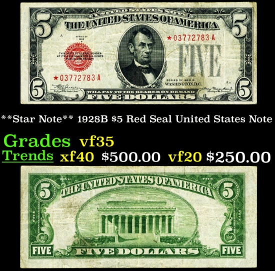 **Star Note** 1928B $5 Red Seal United States Note Grades vf++