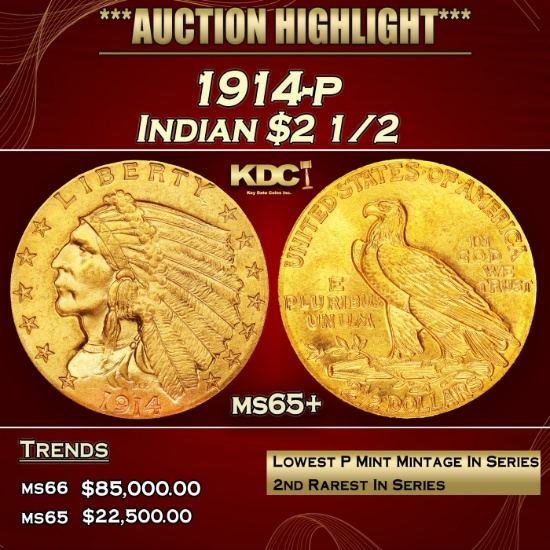 1914-p Gold Indian Quarter Eagle $2 1/2 ms65+ SEGS