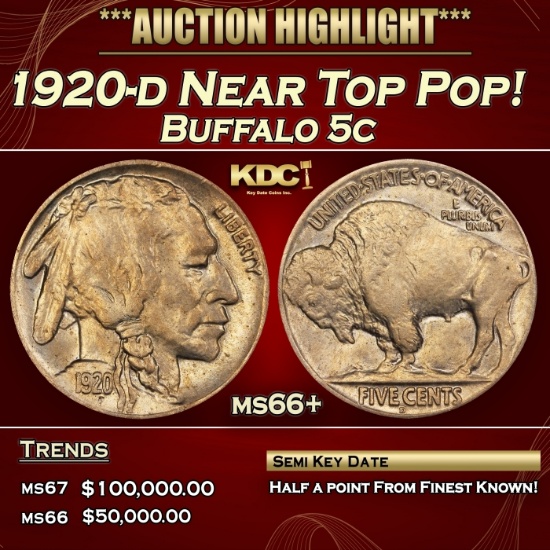 1920-d Buffalo Nickel Near Top Pop! 5c ms66+ SEGS