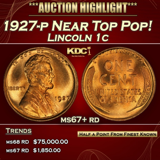 1927-p Lincoln Cent Near Top Pop! 1c ms67+ rd SEGS