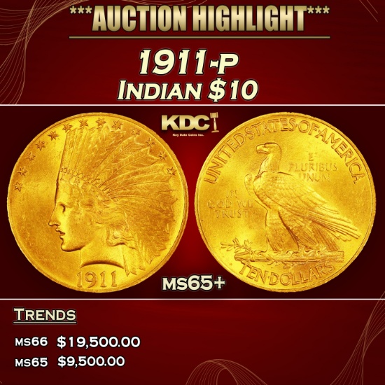 1911-p Gold Indian Eagle $10 ms65+ SEGS