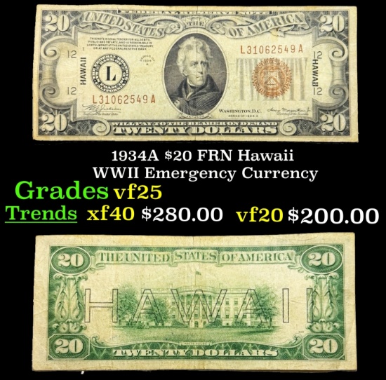 1934A $20 FRN Hawaii WWII Emergency Currency Grades vf+