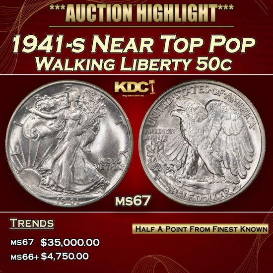 1941-s Walking Liberty Half Dollar Near Top Pop 50c ms67 SEGS