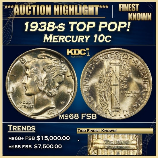 1938-s Mercury Dime TOP POP! 10c ms68 FSB SEGS