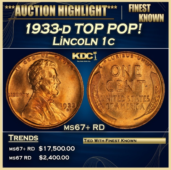 1933-d Lincoln Cent TOP POP! 1c ms67+ RD SEGS