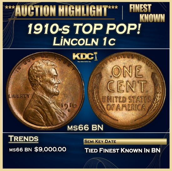 1910-s Lincoln Cent TOP POP! 1c ms66 BN SEGS