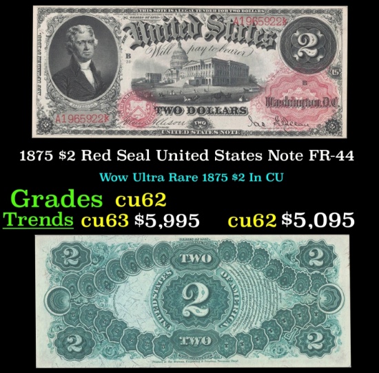 1875 $2 Red Seal United States Note Grades Select CU FR-44