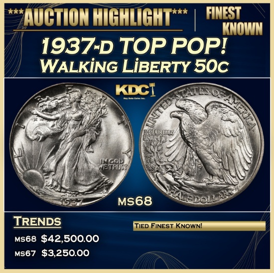 1937-d Walking Liberty Half Dollar TOP POP! 50c ms68 SEGS