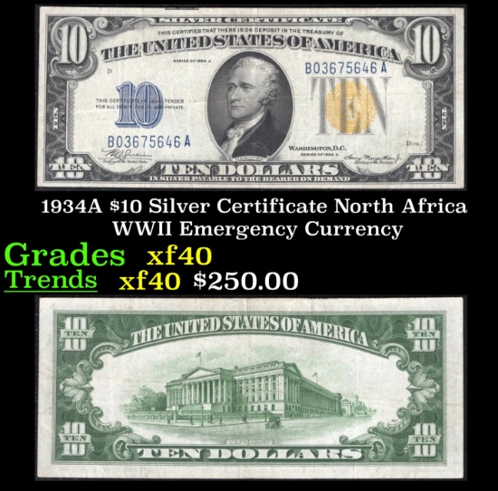 1934A $10 Silver Certificate North Africa WWII Emergency Currency Grades xf