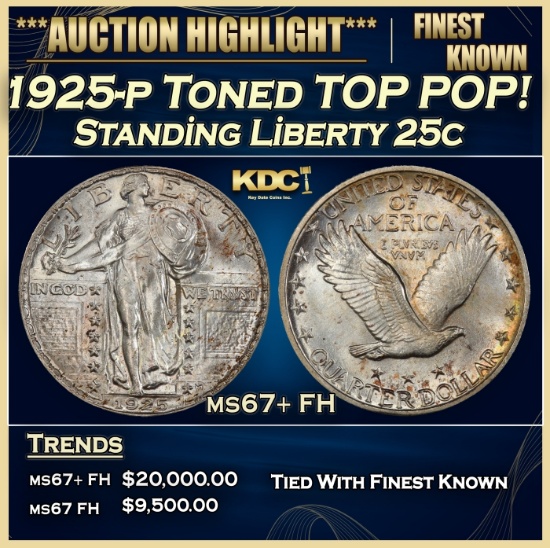 1925-p Standing Liberty Quarter Toned TOP POP! 25c ms67+ FH SEGS