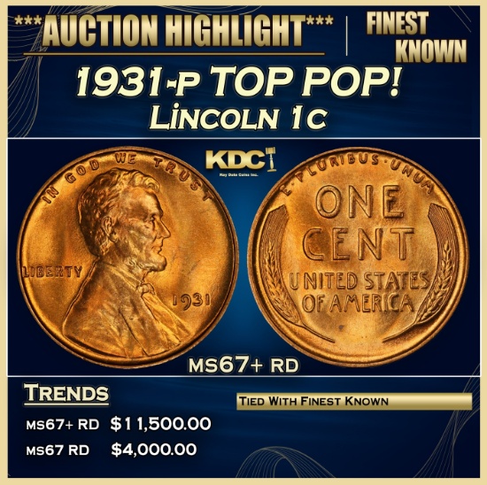 1931-p Lincoln Cent TOP POP! 1c ms67+ rd SEGS