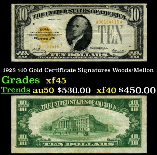 1928 $10 Gold Certificate Signatures Woods/Mellon Grades xf+