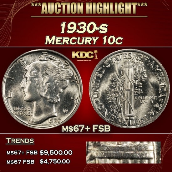 1930-s Mercury Dime 10c ms67+ FSB SEGS