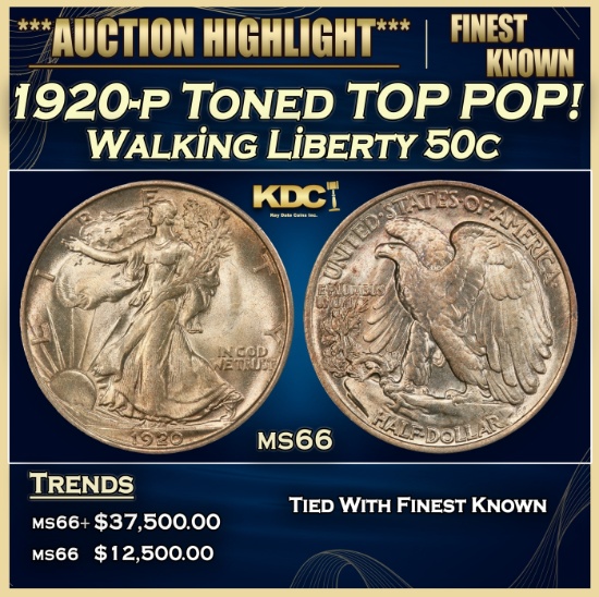 1920-p Walking Liberty Half Dollar Toned TOP POP! 50c ms66 SEGS