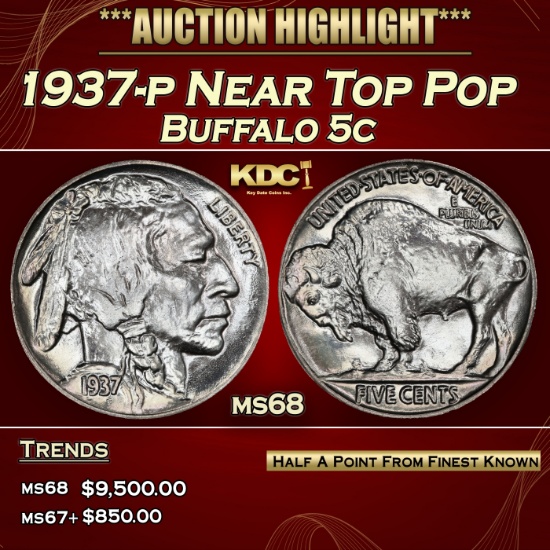 1937-p Buffalo Nickel Near Top Pop 5c ms68 SEGS