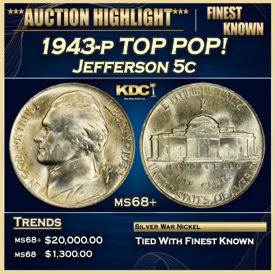 1943-p Jefferson Nickel TOP POP! 5c ms68+ SEGS