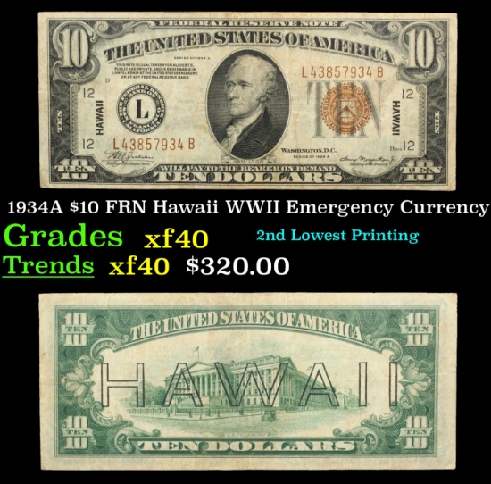 1934A $10 FRN Hawaii WWII Emergency Currency Grades xf