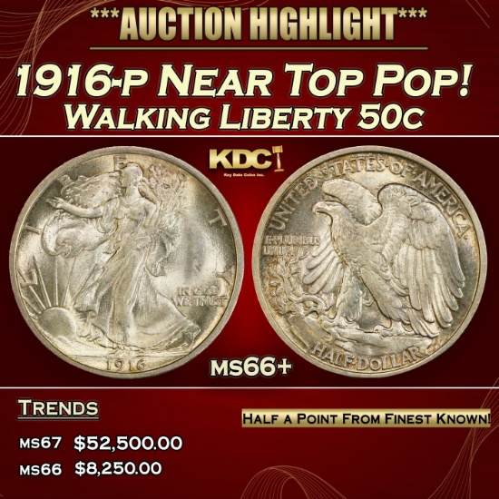 1916-p Walking Liberty Half Dollar Near Top Pop! 50c ms66+ SEGS