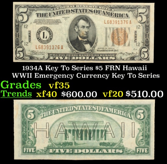 1934A $5 FRN Hawaii WWII Emergency Currency Key To Series Key To Series Grades vf++