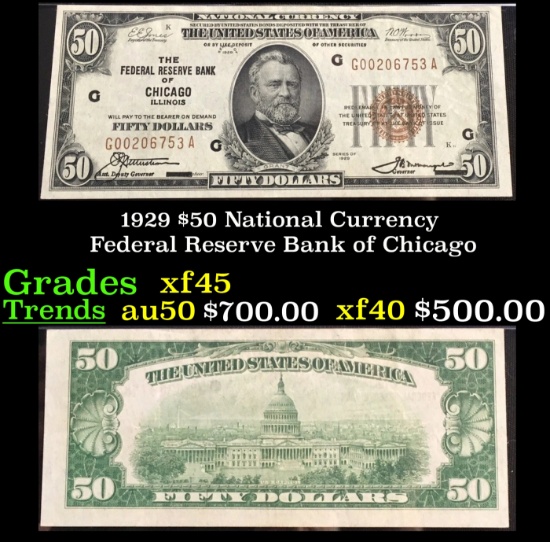 1929 $50 National Currency Federal Reserve Bank of Chicago Grades xf+