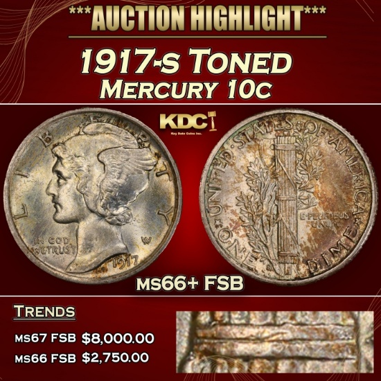 1917-s Mercury Dime Toned 10c ms66+ FSB SEGS