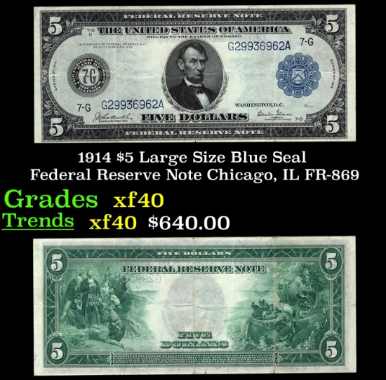 1914 $5 Large Size Blue Seal Federal Reserve Note Chicago, IL Grades xf FR-869