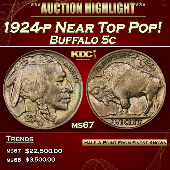 1924-p Buffalo Nickel Near Top Pop! 5c ms67 SEGS